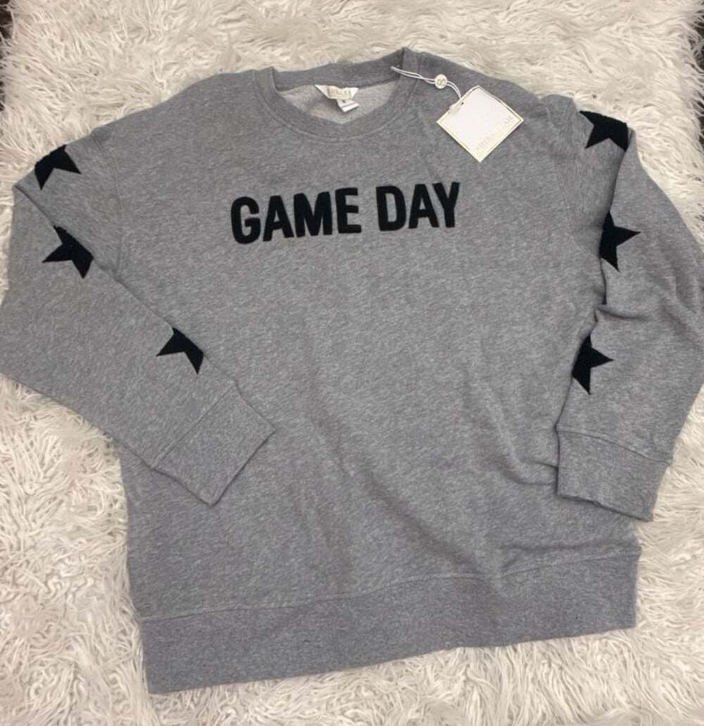 Shiraleah Medium Game Day Gray Sweatshirt With Black Stars On Sleeves NWT